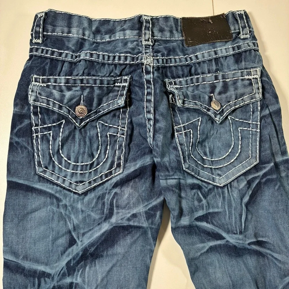 True Religion Jeans 34x33‎ Blue Denim Acid Wash Flap Pocket Thick Made in USA